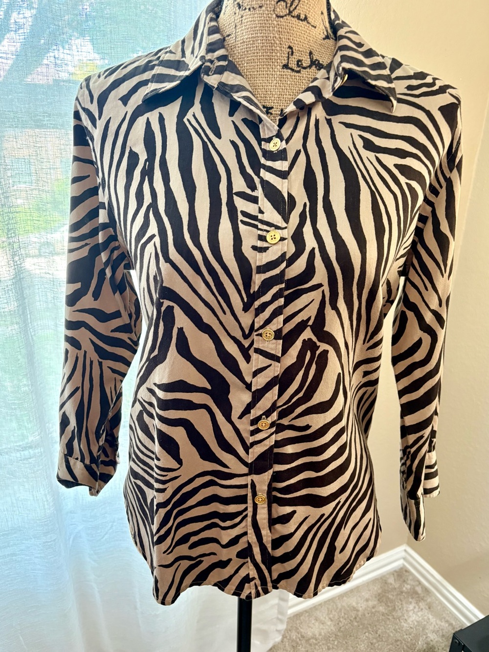 CHAPS : Animal Print Button Down Shirt 100% Cotton 3/4 Sleeve Blouse Petite L